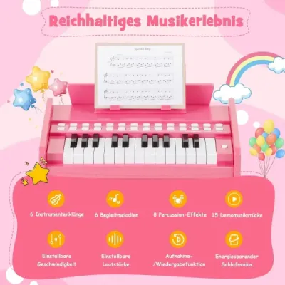 Dětské mini digitální piano s 25 klávesami, dřevěná hračka s nastavitelnou rychlostí, růžová