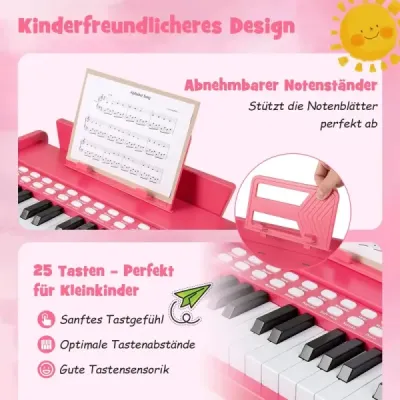 Dětské mini digitální piano s 25 klávesami, dřevěná hračka s nastavitelnou rychlostí, růžová