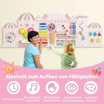 Aktivní stěna pro batolata 11v1 Montessori dřevěná nástěnná hračka pro vzdělávání a raný vývoj dětí růžová