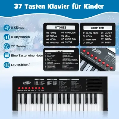 Dětské piano, 37 kláves, přenosné elektrické piano s 8 rytmy, 8 zvuky a 22 demy, černé