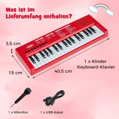 Dětské klavírní klaviatury, 37 kláves, přenosné elektrické piano s 8 rytmy, 8 zvuky a 22 demy, červené