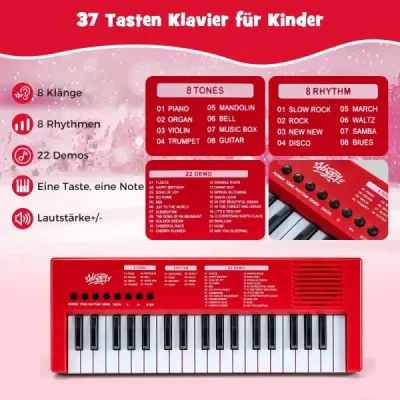 Dětské klavírní klaviatury, 37 kláves, přenosné elektrické piano s 8 rytmy, 8 zvuky a 22 demy, červené