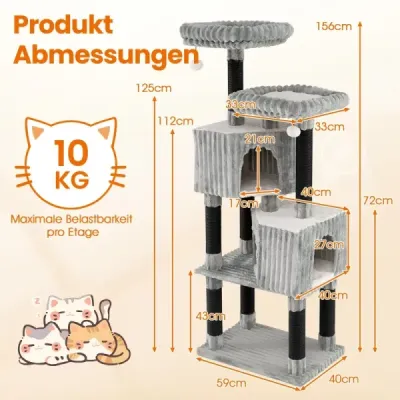 Vícepatrový kočičí strom, 156 cm vysoká kočičí věž se 2 jeskyněmi, 2 pelíšky a škrabadly, světle šedý.