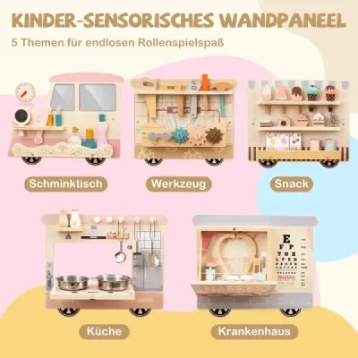 Busy board im Zugform für Kinder Wandmontiertes Activity Board mit Kommode Werkzeugkasten Spielküche Bunt