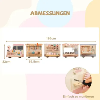 Busy board im Zugform für Kinder Wandmontiertes Activity Board mit Kommode Werkzeugkasten Spielküche Bunt