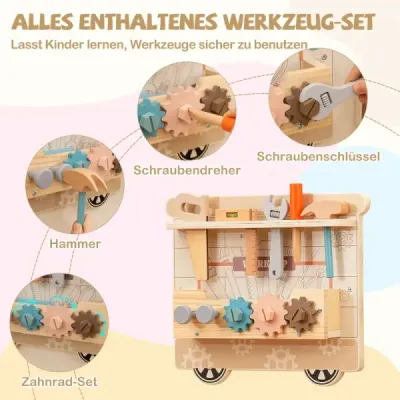 Busy board im Zugform für Kinder Wandmontiertes Activity Board mit Kommode Werkzeugkasten Spielküche Bunt