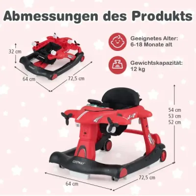 Chodítko na kolečkách 6 v 1, design letadla, 3 výškově nastavitelné plošiny, červené