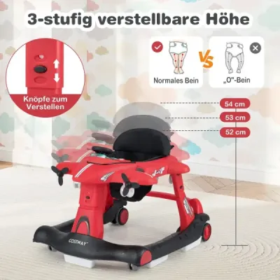 Chodítko na kolečkách 6 v 1, design letadla, 3 výškově nastavitelné plošiny, červené