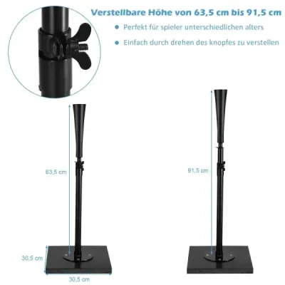 Stojan na odpaly, baseballový stojan s nastavitelnou výškou 63,5–91,5 cm, přenosný, se stabilní základnou, černý