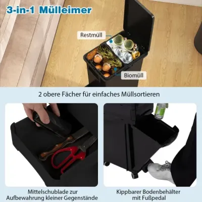Multifunkční odpadkový koš, kuchyňský odpadkový koš s výklopným dnem, černý