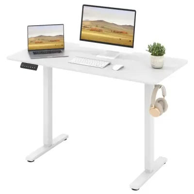 120 x 60 cm výškově nastavitelný stůl s háčky, elektrický stůl na stání, bílý