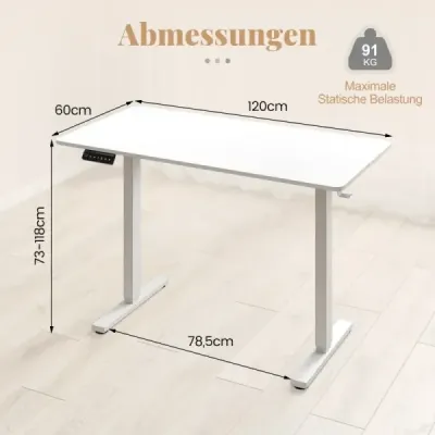 120 x 60 cm výškově nastavitelný stůl s háčky, elektrický stůl na stání, bílý