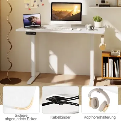120 x 60 cm výškově nastavitelný stůl s háčky, elektrický stůl na stání, bílý