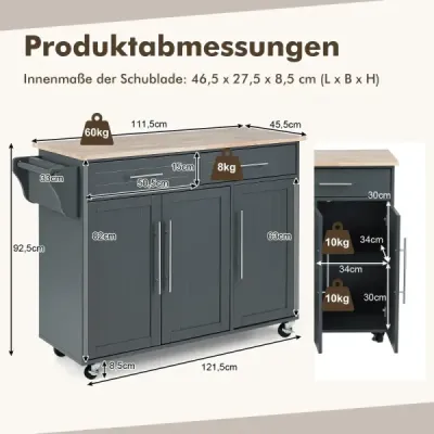 Kuchyňský vozík na kolečkách se zásuvkami, servírovací vozík, kuchyňský vozík, boční vozík, šedý