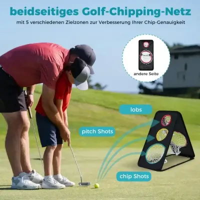 Oboustranná golfová síť na odpalování s 5 otvory na terče, trojúhelníkovou strukturou a oxfordskou tkaninou.