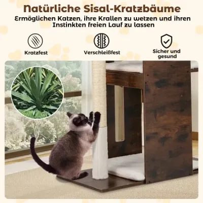 120 cm vysoké dřevěné škrabadlo pro kočky se sisalovými škrabadly a závěsnými míčky Strom pro kočky Rustikální hnědá barva