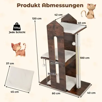 120 cm vysoké dřevěné škrabadlo pro kočky se sisalovými škrabadly a závěsnými míčky Strom pro kočky Rustikální hnědá barva