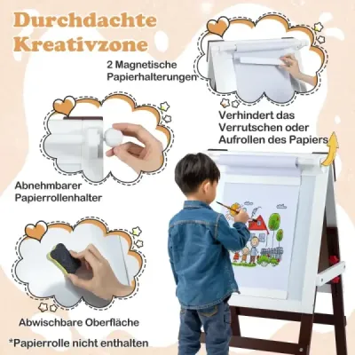 Dětský stojan s židlí, výškově nastavitelná dětská tabule s tabulí a bílou tabulí, hnědá