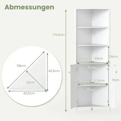 Trojúhelníková kuchyňská skříňka se 2 dvířky a 5 policemi Úzká rohová skříňka Vysoká skříňka Bílá