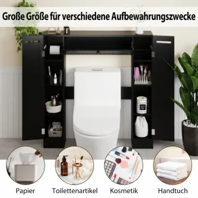 Polička nad WC Volně stojící koupelnová skříňka s nastavitelnými policemi Držák na toaletní papír černý