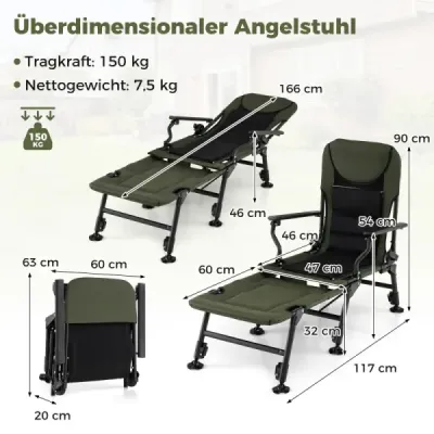 Nadrozměrná skládací rybářská židle odolná kempingová židle s odnímatelnou opěrkou nohou a nastavitelnými nožičkami zelená