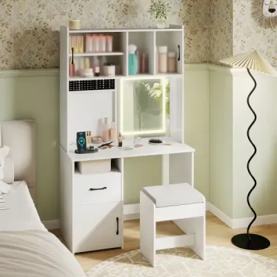 Toaletní stolek s osvětlením LED a stoličkou a zásuvkami Kosmetický stolek bílý
