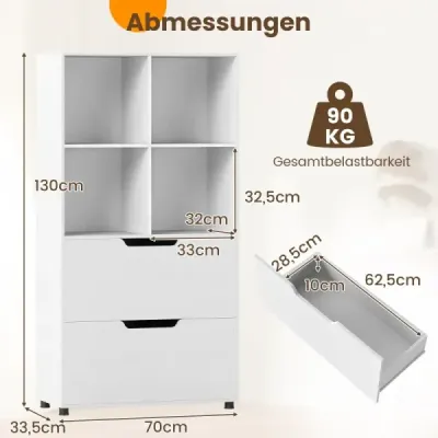 Knihovna se 4 kostkami a 2 zásuvkami 130 cm 5úrovňová volně stojící police Bílá