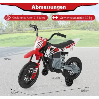 Dětská elektrická motorka 12V Elektrická motorka pro děti s odnímatelnými tréninkovými koly a odpružením  červená