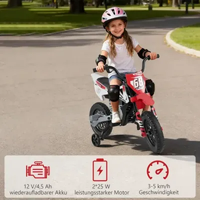 Dětská elektrická motorka 12V Elektrická motorka pro děti s odnímatelnými tréninkovými koly a odpružením  červená