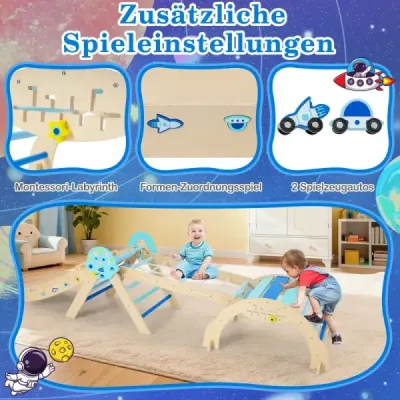 Sada prolézaček 9 v 1 Montessori s lezeckým obloukem a šplhacím lanem a žebříkem Dřevěný lezecký trojúhelník modrý