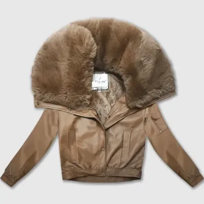 Dámská koženková bunda s kožíškovým límcem MODA8090 camel