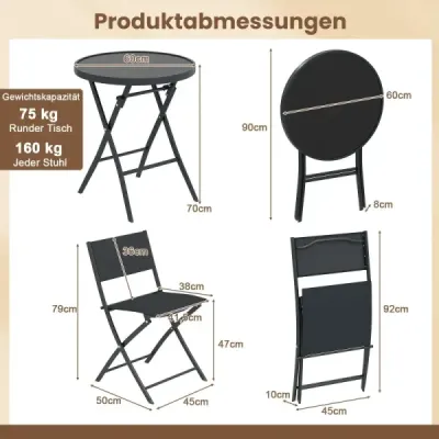 3dílná skládací zahradní sedací souprava bistro s prodyšným látkovým sedákem a deskou stolu z tvrzeného skla černá