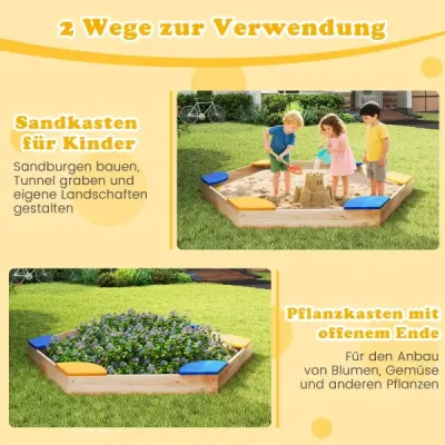Šestiúhelníkové dřevěné pískoviště otevřené pískoviště s kombinací truhlíků na květináče 140 x 122 x 14 cm
