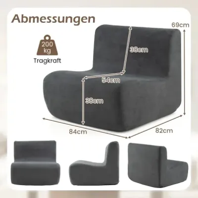 Sedací vak, pohodlná podlahová pohovka s měkkým sametem a ergonomickou oporou, pohodlné křeslo pro čtení pro jednoho, šedá