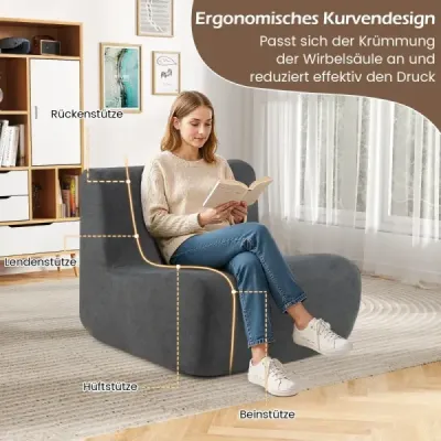 Sedací vak, pohodlná podlahová pohovka s měkkým sametem a ergonomickou oporou, pohodlné křeslo pro čtení pro jednoho, šedá