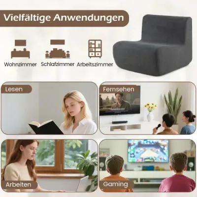 Sedací vak, pohodlná podlahová pohovka s měkkým sametem a ergonomickou oporou, pohodlné křeslo pro čtení pro jednoho, šedá