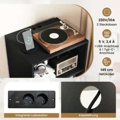 Stojan na gramofon Stojan na gramofon s nabíjecí stanicí Přihrádka na vinyl a police Černá barva