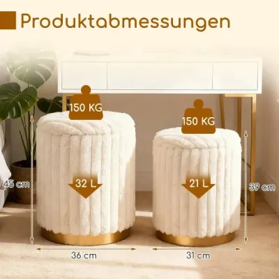 Moderní sada 2 otomanů 32 L + 21 L kulatý taburet s odnímatelným potahem z králičí kožešiny Béžová barva