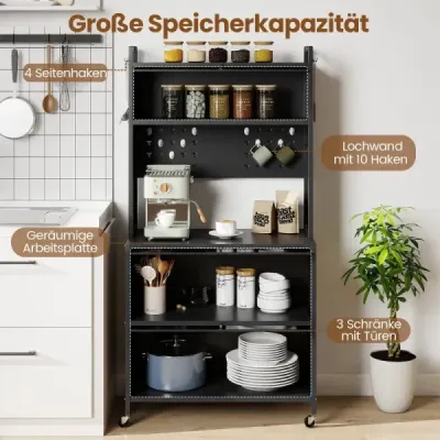 Vysoká kuchyňská skříňka s kolečky a výklopnými dvířky a věšákovou deskou a háčky Bufetová skříňka šedá