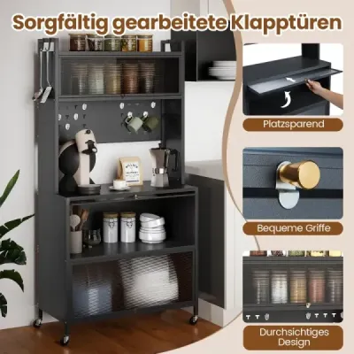 Vysoká kuchyňská skříňka s kolečky a výklopnými dvířky a věšákovou deskou a háčky Bufetová skříňka šedá