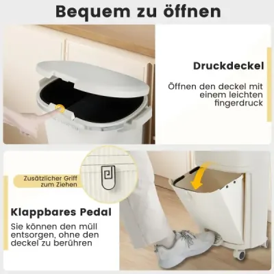 38L Kuchyňský odpadkový koš s víkem a 2 vyjímatelnými koši a nožním pedálem a kolečky Béžová barva