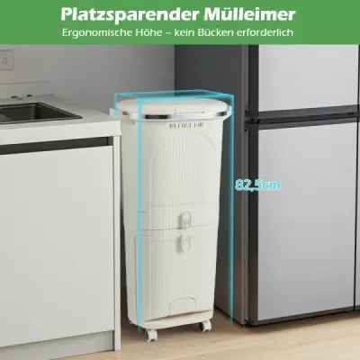 42L Kuchyňský odpadkový koš s víkem a 3 přihrádkami Pedálový koš a pedál a kolečka Béžová barva