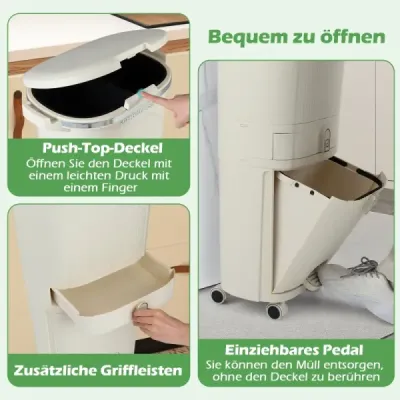 42L Kuchyňský odpadkový koš s víkem a 3 přihrádkami Pedálový koš a pedál a kolečka Béžová barva