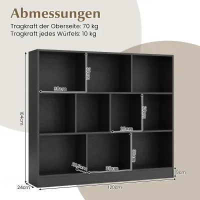 Tříúrovňová knihovna s 10 přihrádkami Stojící police Police z kostek Kancelářská police 120 x 24 x 104 cm Černá barva