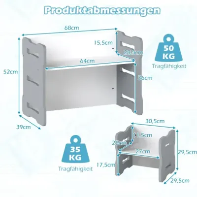 3 TLG. Dětský set stolu a židlí se 2 stoličkami a stolečkem na aktivity Zaoblené rohy Design Šedá barva