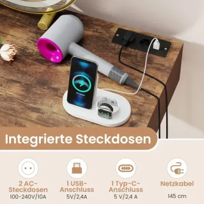 Toaletní stolek se zrcadlem, osvětlením, nabíjecí stanicí a stoličkou. Koupelnový stolek. Rustikálně hnědá.