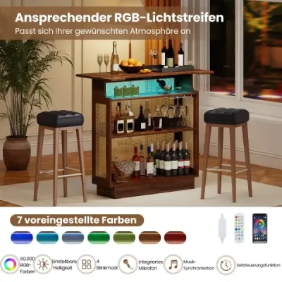 LED ratanový bar se 3 řadami držáků na sklo a 3 policemi Vinotéka s RGB osvětlením