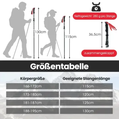 Skládací trekingové hole s rychloupínacím mechanismem, turistické hole pro výšku postavy 166-195 cm, červené