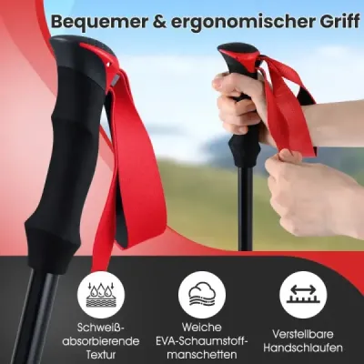 Skládací trekingové hole s rychloupínacím mechanismem, turistické hole pro výšku postavy 166-195 cm, červené