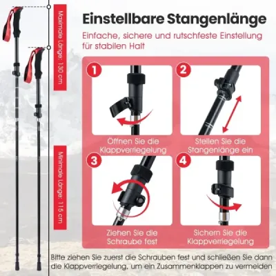 Skládací trekingové hole s rychloupínacím mechanismem, turistické hole pro výšku postavy 166-195 cm, červené